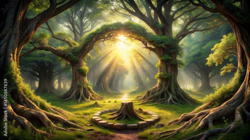 Poster a mystical forest pathway leading to a sunlit clearing with a stone circle and tree roots