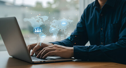 Global business network connection concept man working on laptop international communication technology  100
