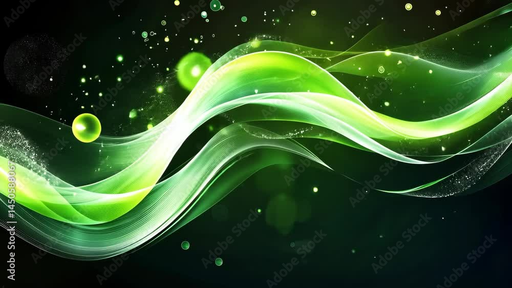 Poster dynamic green waveforms and glowing particles in motion
