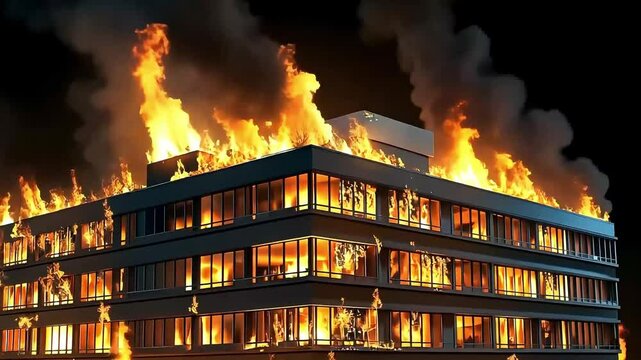 Dramatic night scene of a modern building engulfed in flames with smoke billowing into the sky