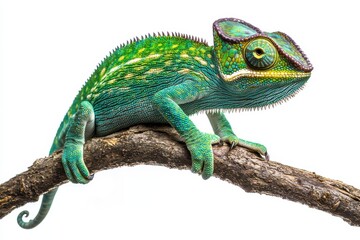 Fototapeta premium Green chameleon perched upon a branch against white backdrop