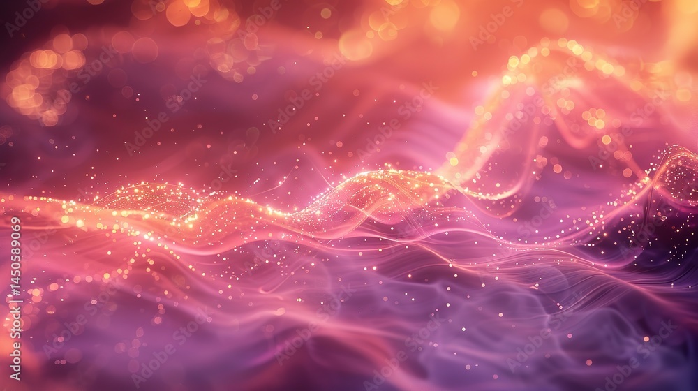 Poster a close-up of fuchsia light particles line waves with white glitters abstract background, ai generat