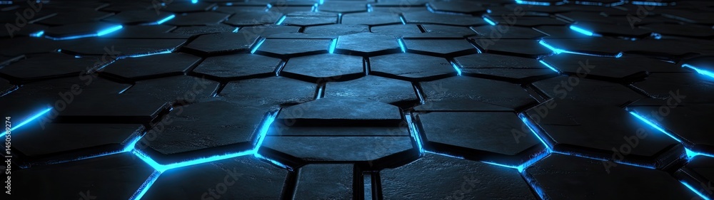 Poster abstract dark hexagonal pattern, blue glowing cracks, tech texture background
