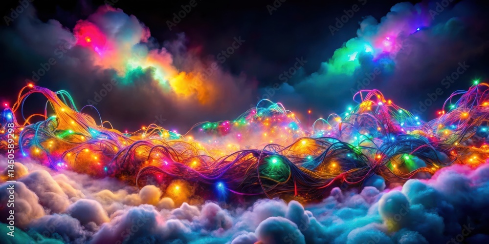 Poster A whimsical landscape of tangled string lights, glowing with vibrant colors and casting a warm glow against a backdrop of ethereal clouds.