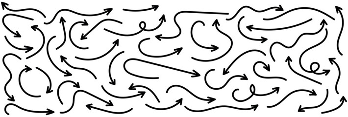 Charcoal hand drawn pencil arrows. Black doodle curved chalk arrows. Texture design elements of scribble lines arrows. Vector illustration of hand drawn doodle arrow on a white background. 