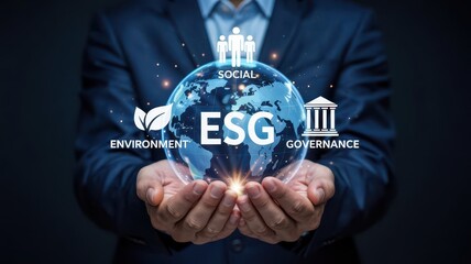 A  businessman's hands holding a glowing ESG globe.