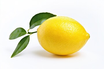 Close up of a single lemon with leaves on a white surface