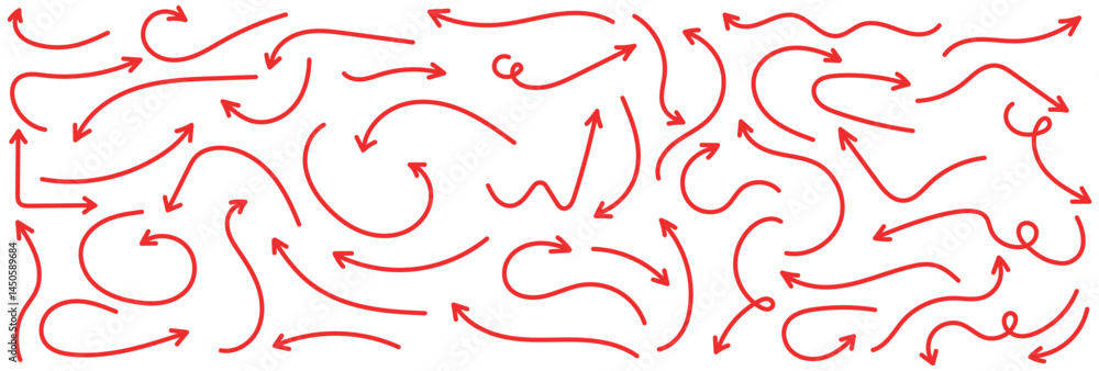 Poster arrow vector red hand drawn sketch icon set. doodle sketch drawn red direction element set. pencil d