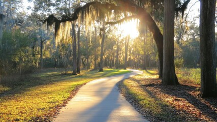 Winding path through a sunlit, mossy forest