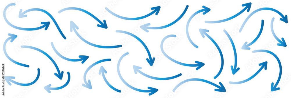 Poster a set of simple lines, drawn blue arrows in various style. set of simple of hand-drawn blue arrows. 