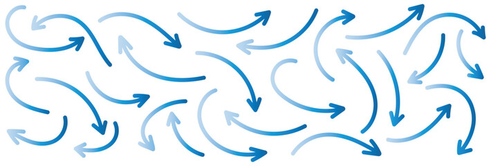 A set of simple lines, drawn blue arrows in various style. Set of simple of hand-drawn blue arrows. Set of simple lines, drawn blue gradient arrows. Various of simple lines arrows illustration.