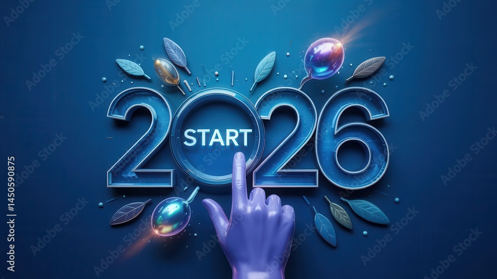 Poster digital design of 2026 start button with hand.