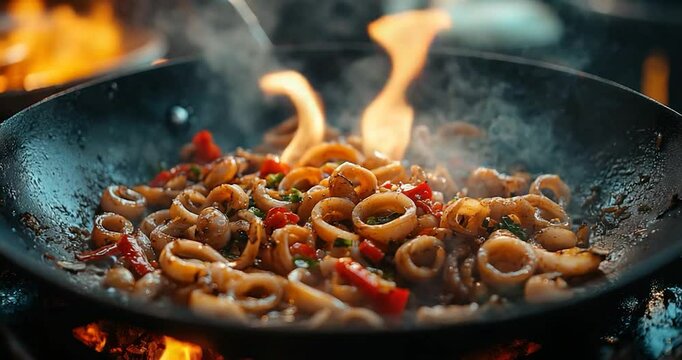 Sizzling squid rings wok flame
