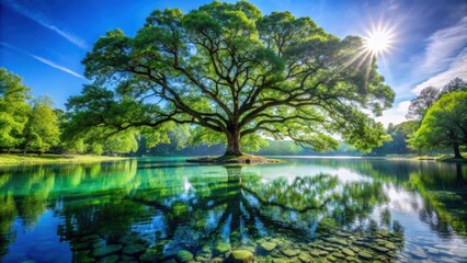 A solitary tree stands tall on a small island in the middle of a tranquil lake, its branches reaching towards the bright sun, creating a picturesque scene of nature's serenity.