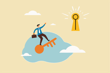 Discover key success, unlock secret creativity to achieve business target, leadership or motivation to find opportunity concept, smart businessman riding flying golden key to discover success keyhole.