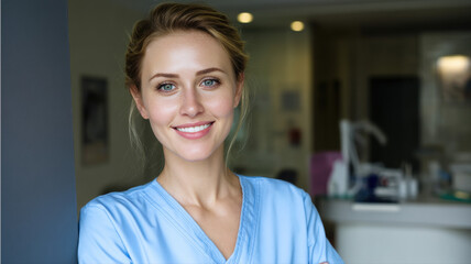 Smiling Nurse in Blue Uniform, Close-Up — a detailed and modern 3D-style concept ideal for tech visuals, infographics, marketing materials, and futuristic digital presentations.