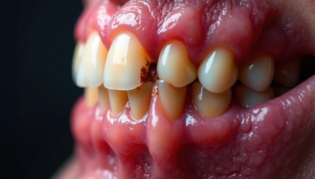 Severely inflamed gum surrounding a decaying tooth , inflammation, gingival inflammation