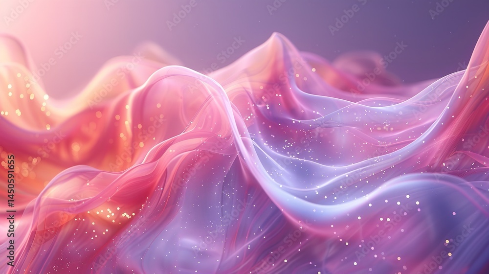 Poster a close-up of fuchsia light particles line waves with white glitters abstract background, ai generat