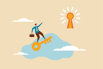 Discover key success, unlock secret creativity to achieve business target, leadership or motivation to find opportunity concept, smart businessman riding flying golden key to discover success keyhole.