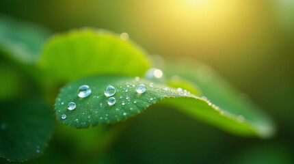  Close-up of a green leaf with dew drops under morning light, symbolizing sustainability, nature macro shot, hyper-detailed, natural background, microphotography