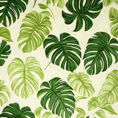 Vibrant green tropical leaves pattern on light background decorative design element