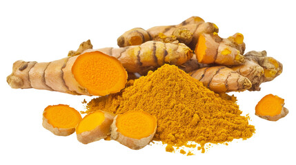 Fresh, dried and powdered turmeric root which is known for its medicinal properties and its use in ayurvedic and herbal medicines in india for centuries. It's also known for anti- cancer properties