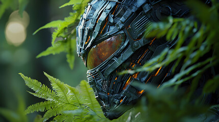 A futuristic helmet blends with nature. This image is perfect for science fiction book covers or gaming backgrounds adding a touch of mystery.
