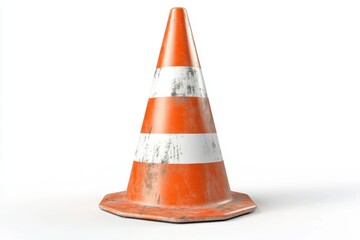 Isolated orange and white striped traffic cone on white surface