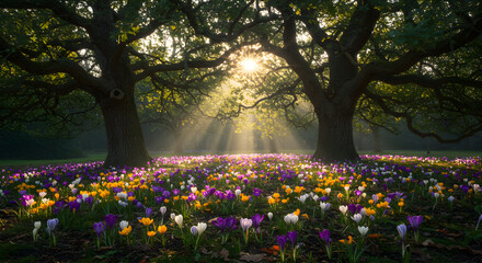 Naklejka premium Blooming Crocuses Under Sunlight Beams, A Magical Woodland Scene