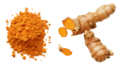Fresh, dried and powdered turmeric root which is known for its medicinal properties and its use in ayurvedic and herbal medicines in india for centuries. It's also known for anti- cancer properties