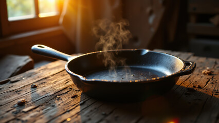 A rustic wooden table with a cast iron skillet that has recently been used for cooking and is still hot enough to emit steam.