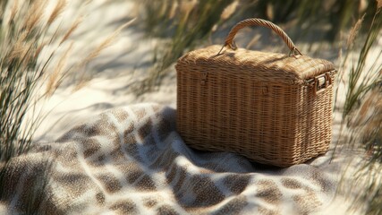 Wicker picnic basket on blanket at beach
