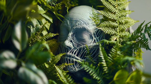 An eerie gray creature head emerges from lush green foliage. This image would be suitable for horror artwork or a sci-fi themed project's imagery.