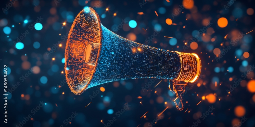 Poster a megaphone made of glowing blue and orange data points, floating in the air and symbolizing a digit