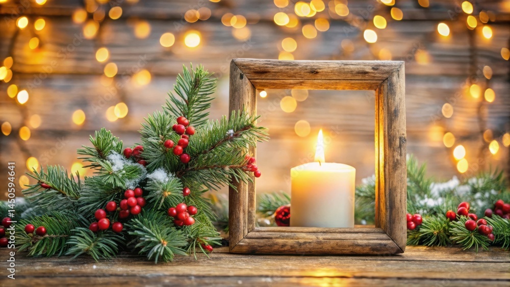Poster A rustic wooden frame holds a single candle, illuminated against a backdrop of bokeh lights and evergreen branches adorned with red berries and a dusting of snow.