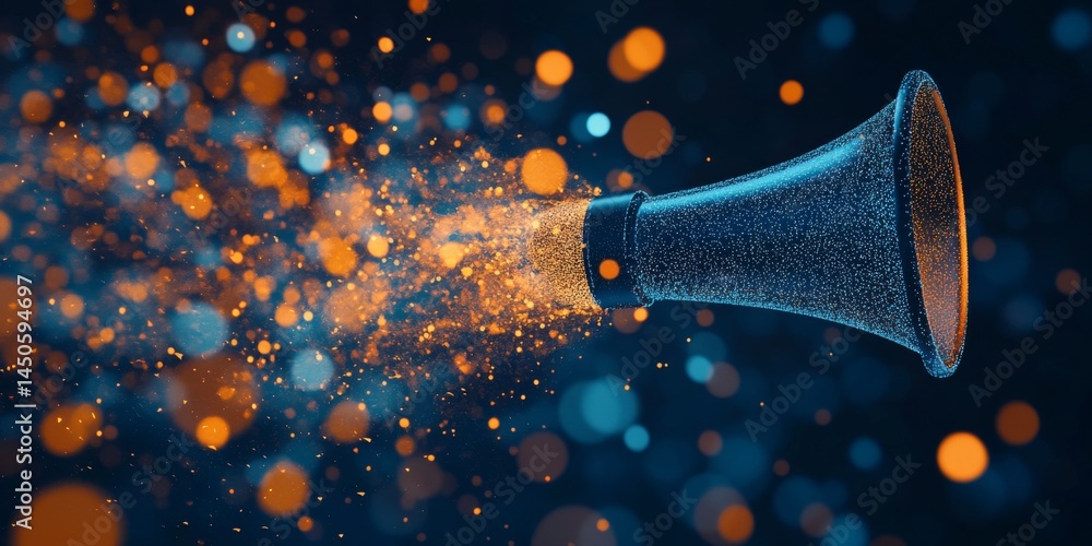Poster a megaphone made of glowing blue and orange data points, floating in the air and symbolizing a digit