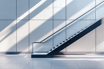 Fototapeta premium Modern escalator against a light-toned wall. Sunlight casts shadows on the surface. Clean lines and minimalist design