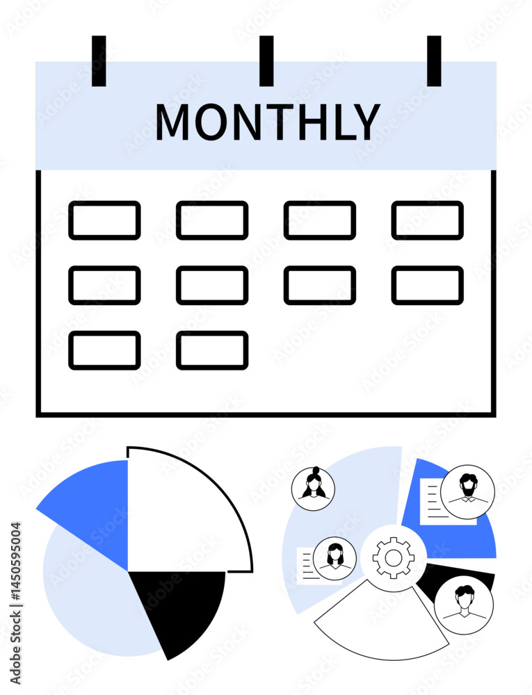 Poster monthly calendar layout with pie chart and team hierarchy diagrams. ideal for planning, teamwork, ti