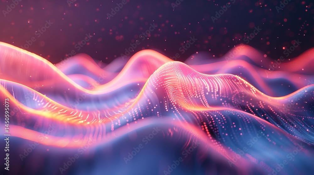 Poster a close-up of fuchsia light particles line waves with white glitters abstract background, ai generat