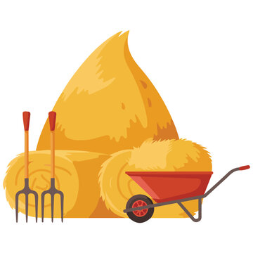 Cartoon haystack with pitchfork isolated vector illustration on white background