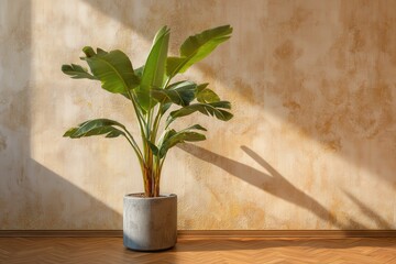 Potted green plant casting a serene shadow against a textured wall in natural light.