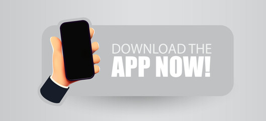 Download app now. Application installation banner. Hand with smartphone.