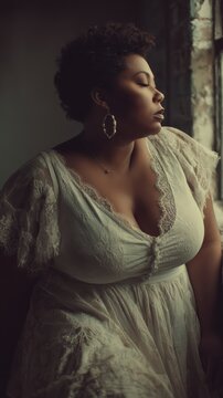 A woman in a flowing cream dress by a window.