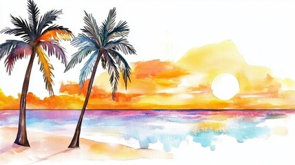 Obraz premium watercolor painting of a beach sunset with palm trees and a calm sea view