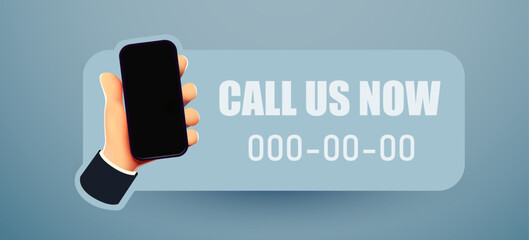 Call us now. Hand holding phone with message. Customer support concept.
