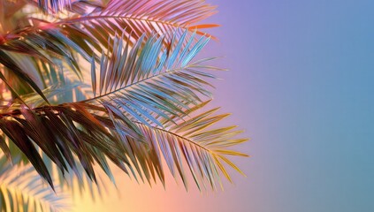Colorful palm leaves with gradient lighting creating a serene and artistic visual effect.