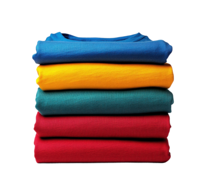 Colorful folded t-shirts display home simple concept isolated on transparent background