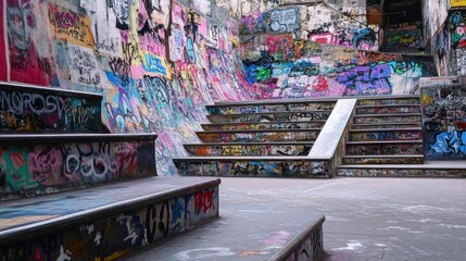 Obraz premium Urban skatepark covered in vibrant graffiti art.