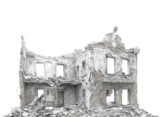Destruction of abandoned building urban area ruins front view loss isolated on transparent background