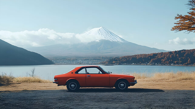 Fototapeta Red car parked lakeside mountain backdrop autumn scenery.